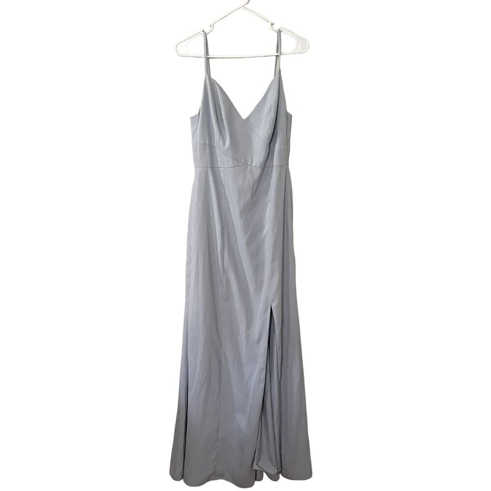 Dessy Collections light blue v-neck spaghetti straps maxi dress side slit formal